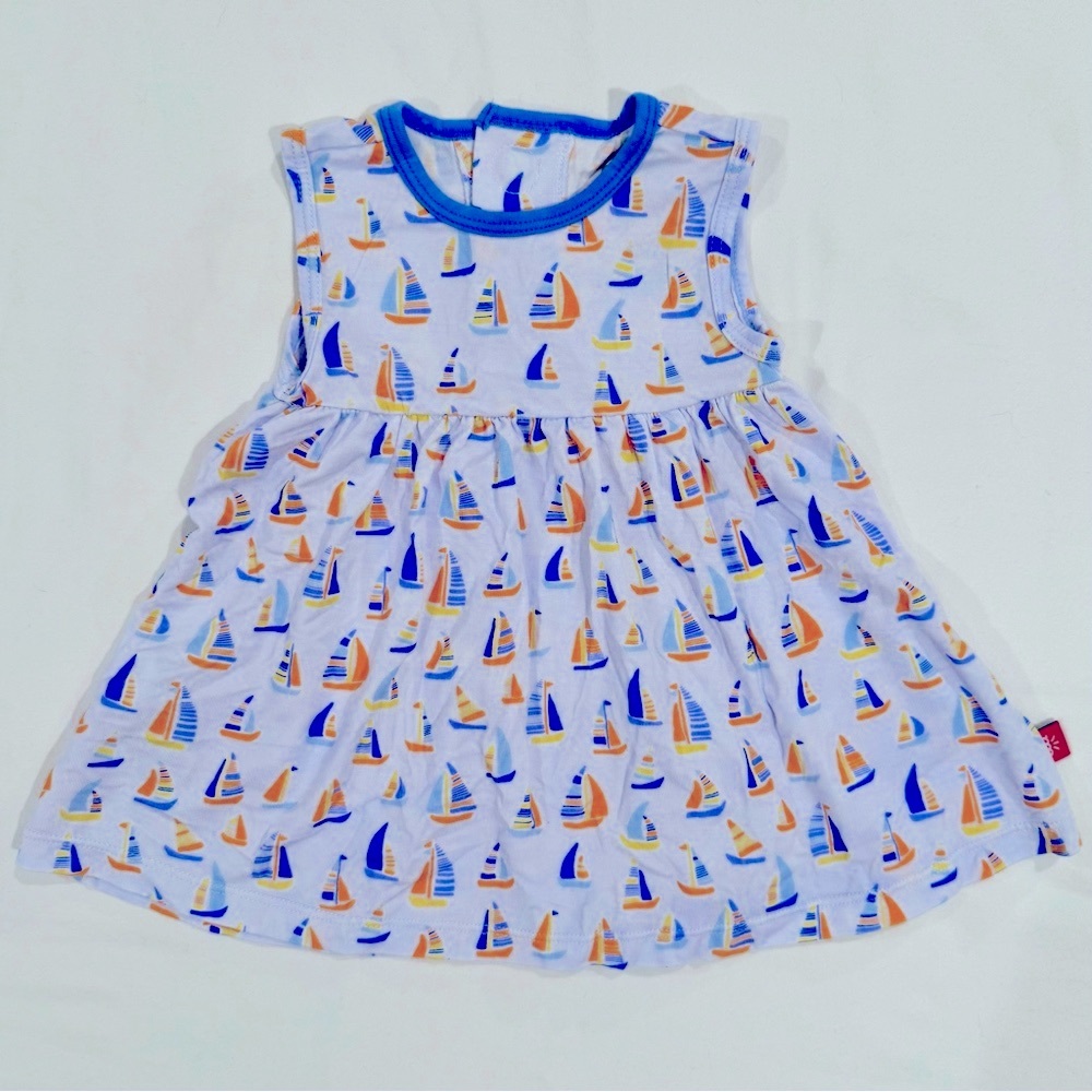 Magnetic Me Ruffle Dress Girls 0-3M Good Vibes on the Tide Sailboats Modal Blue